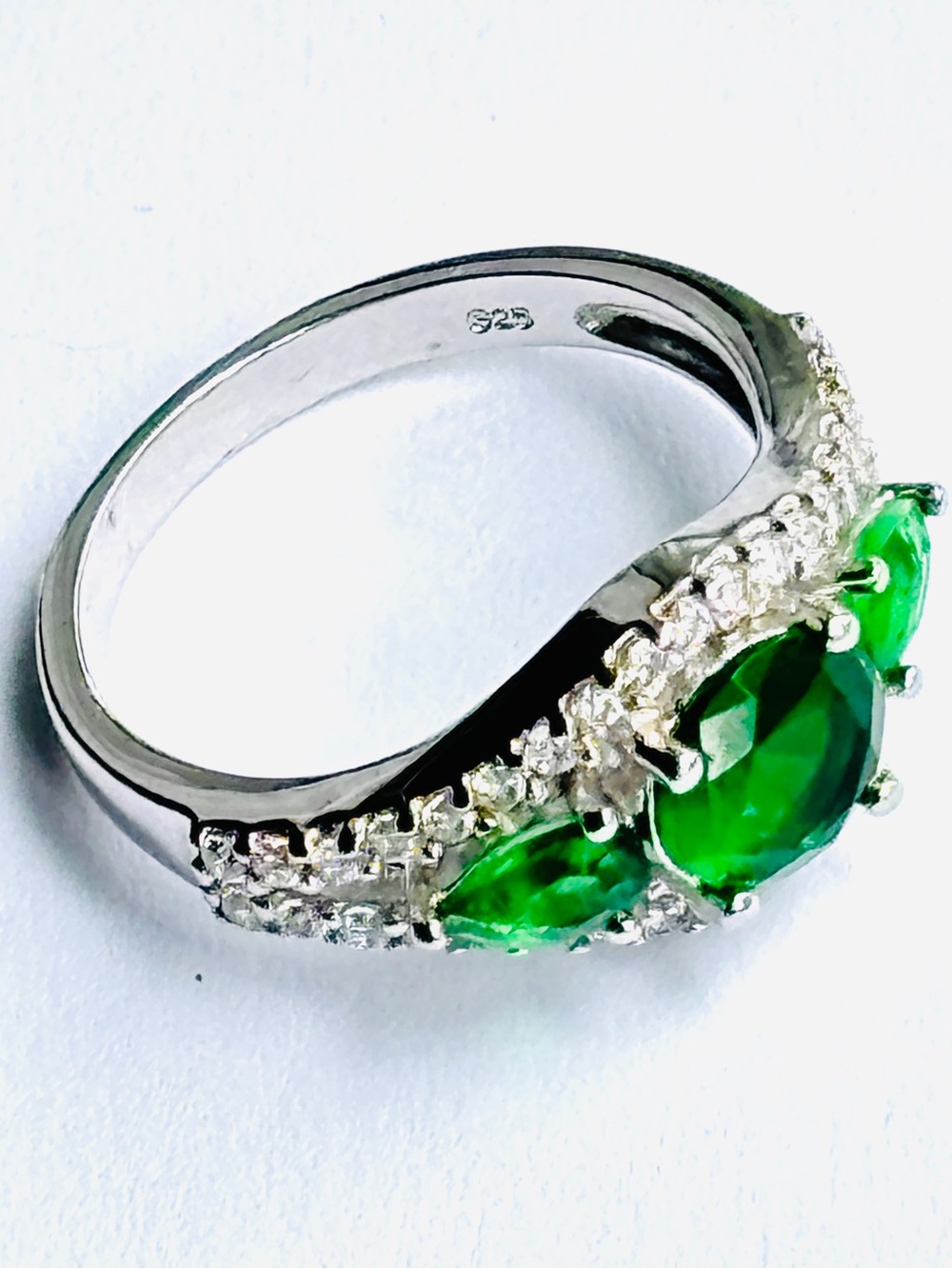 Green Crystal Rhinestone 925 Sterling Silver Marquise Cocktail Ring Sz 6